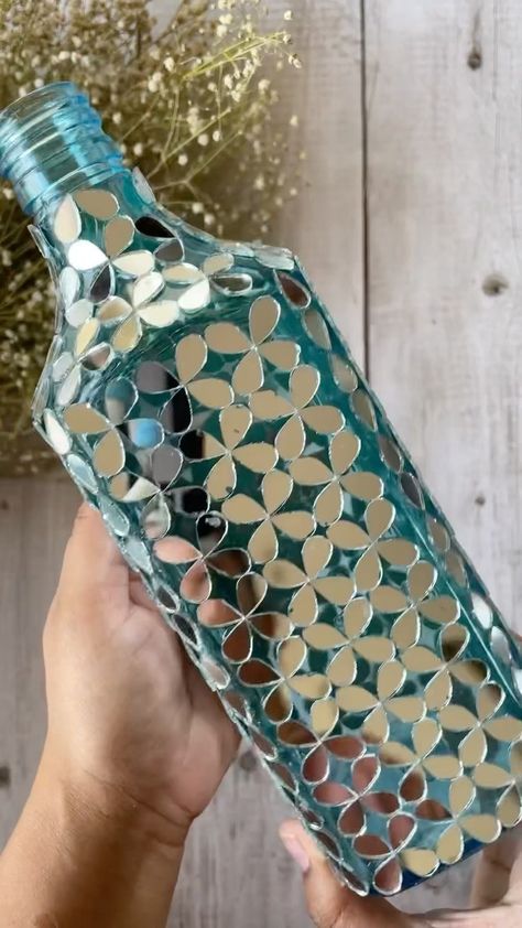 Creazone India | Here is the process video of mirror mosaic art bottle. [mirror mosaic art, bottle art, handmade, recycle, DIY, small business] #homedecor… | Instagram Mirror Work On Bottle, Mirror Mosaic Art, Diy Small Business, Mosaic Bottles, Classroom Charts, Pot Decor, Art Bottle, Glass Painting Designs, Cute Diy Room Decor