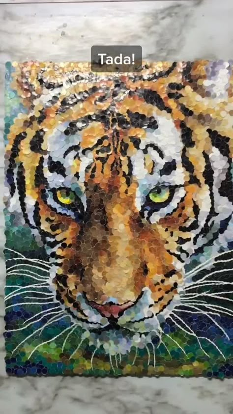 Collage Art Animals, Hole Punch Art Ideas, How To Paint A Tiger, Tiger Art Project, Hole Punch Collage, Cute Tiger Wallpaper, Animal Mosaic Art, Paintings Of Tigers, Animal Collage Art