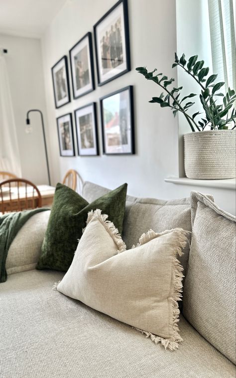 Neutral colour pallete with a pop of green! Colour Palette Neutral, Green Pillows Decorative, European Home, Decorative Pillows Couch, H&m Home, Living Room Green, First Apartment, Be Happier, Living Room Inspo