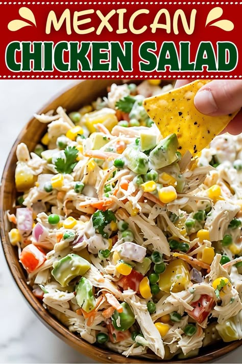 This mouthwatering Mexican chicken salad combines tender chicken with creamy avocado, a medley of colorful veggies, and zesty jalapeño-lime dressing. Zupas Bbq Chicken Salad, Chicken Salad With Cilantro, Chicken Salad With Tostadas, Best Way To Cook Chicken For Salads, Tasty Chicken Salad Recipes, Chicken Tossed Salad Recipe, Taco Chicken Salad Recipe, Healthy Mexican Chicken Salad, Chicken Salad With Vegetables