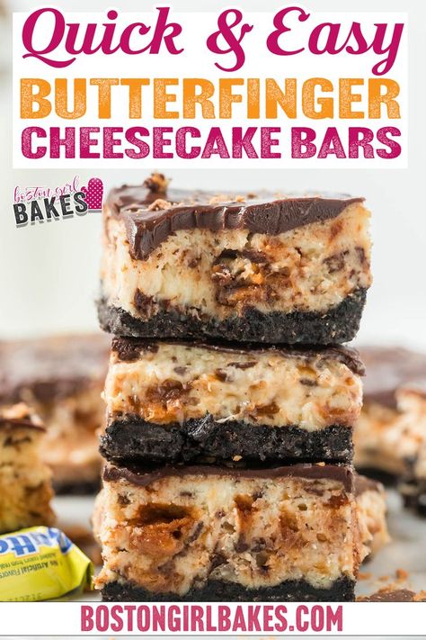 These Butterfinger cheesecake bars might look difficult to make but it is totally quick and easy! They have a lovely Oreo crust and creamy cheesecake layer with peanut butter Butterfinger cookies folded in and then topped with a chocolate ganache. Sweet, delicious, and satisfying! What is there not to like?! These candy bars are sweet, crunchy, and decadent which pairs well with the soft creaminess of cheesecake. That’s why I made these Butterfinger cheesecake bars. | @bostongirlbakes Heavenly Dessert Recipe, Butterfinger Cheesecake, Butterfinger Cookies, Cheesecake Layer, Oreo Cookie Crust, Cheesecake Bar Recipes, Dessert Bar Recipe, Oreo Crust, Easy Summer Desserts