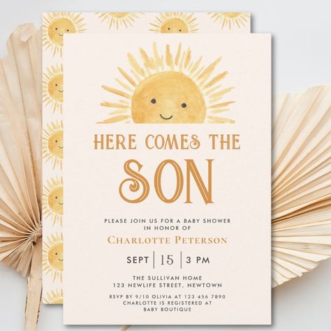 Here Comes the Son Yellow Sunshine Baby Shower  Invitation Jordan Baby Shower, Sunshine Baby Shower Invitations, Here Comes The Son, Baby Q Shower, Sunshine Baby Shower, Unique Baby Shower Invites, Baby Shower Theme Decorations, Sunshine Baby Showers, Yellow Sunshine