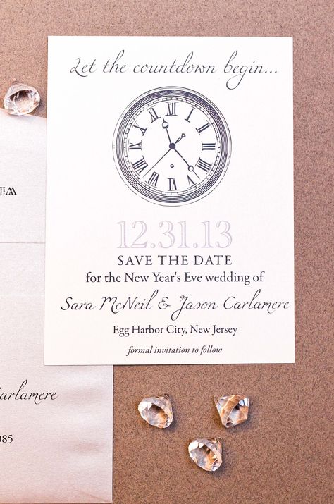 This simple design makes such a statement for your New Year's Eve Save the Dates. Wouldn't this be fun with a rhinestone in the center of the clock too? CLICK through to see more information about this new years eve save the date. PIN to see it later. New Years Wedding Invites, New Years Eve Wedding Invitations, Save The Date Happy New Year, Wedding Invitations New Years Eve, New Years Wedding Save The Date, New Years Eve Save The Date, Nye Save The Date, New Years Eve Music, New Year’s Eve Save The Date