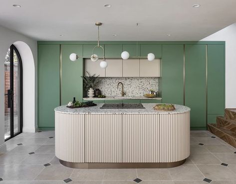 Above The Kitchen Sink, Curved Kitchen Island, Midcentury Kitchen, Curved Kitchen, Hidden Kitchen, 1930s House, Arched Doors, Kitchen Extension, Bespoke Kitchens