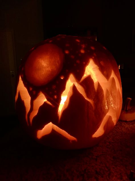 Pumpkin Carving Ideas For Big Pumpkins, Horizontal Pumpkin Carving Ideas, Pumpkin Mountain Carving, Whimsical Pumpkin Carving, Pumpkin Carving Ideas Advanced, Fall Leaf Pumpkin Carving, Pumpkin Moon Carving, Moon Phases Pumpkin Carving, Pumkin Carving Ideas Moon