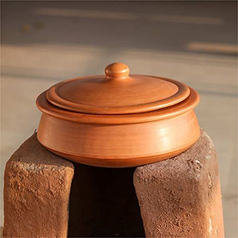 Swadeshi Blessings HandMade Exclusive Range Unglazed Clay Handi/Earthen Kadai/Clay Pot For Cooking & Serving with Lid, 2.8Liters (With Natural White Firing Shade & Mirror Shine) + PALM LEAF STAND Clay Cooking Pot, Handmade Clay Pots, Terracotta Bowl, Organic Wood, Cooking Pot, Clay Pot, Potters Wheel, Biryani, Palm Leaf