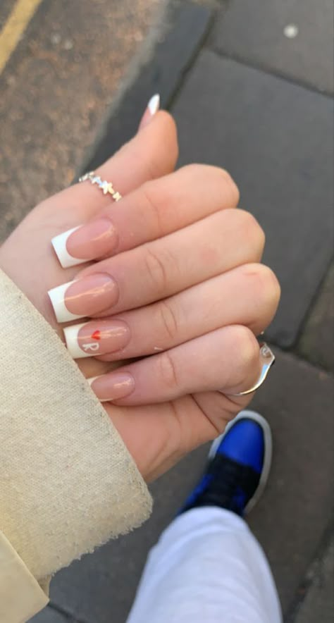 French Tip And Heart Acrylic Nails, Simple French Tip Short Nails, French Tip Acrylics With Initial, Short Tapered Square French Tip Acrylics, Short Acrylic Nails Designs With Initial, Short French Tips With Initial, French Tip Nails With Initials Short, Initial Nails Square, Nails Acrylic Small Square