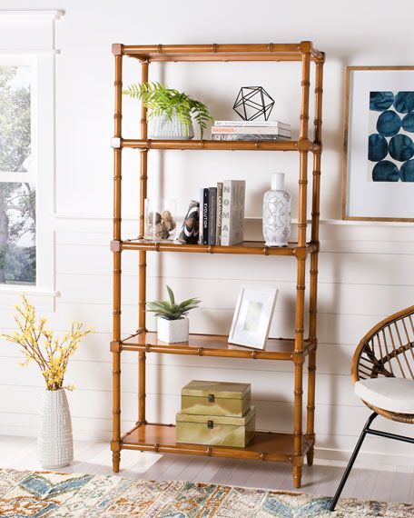 Safavieh Ebo Faux Bamboo Etagere Decorative Bookshelves, Etagere Bookcase, Coastal Bedrooms, Coastal Living Room, Coastal Interiors, Modern Coastal, Livingston, Wood Shelves, Coastal Decor