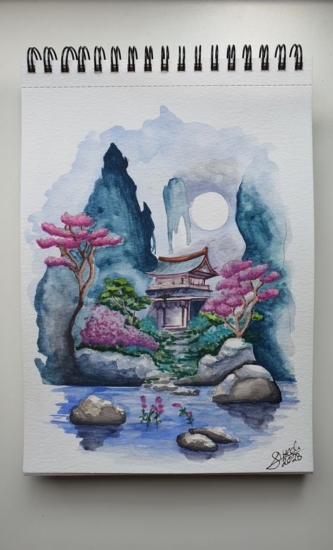 Asian art, japanese art, watercolor, painting, drawing, watercolor painting, landscape Japan Aesthetic Drawing Easy, Japan Aesthetic Painting, Japan Landscape Painting, Japan Painting Acrylic, Japanese Painting Easy, Japan Watercolor Painting, Watercolor Japanese Art, Japanese Watercolor Paintings, Asian Landscape Painting