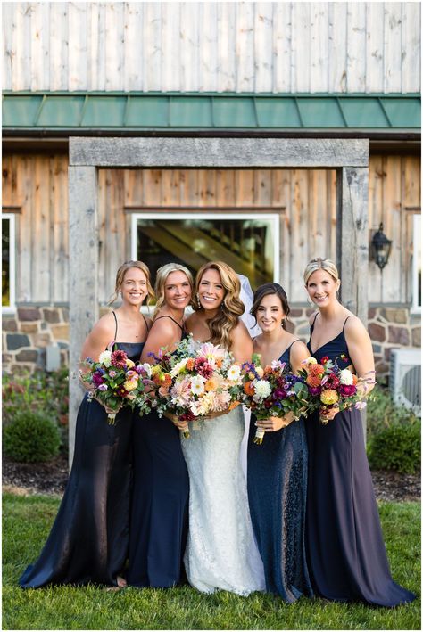 Navy Blue Wildflower Wedding, Navy And Wildflower Wedding, Navy Blue Bridal Party, Navy Blue Wedding Party, Navy Bridal Party, Navy Bridal Parties, Dark Blue Bridesmaid Dresses, Groovy Wedding, Country Bridesmaid Dresses