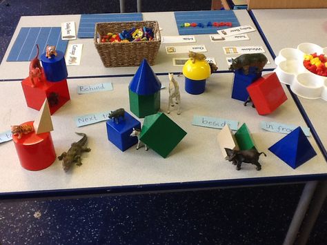 Positional language and 3D shape recognition... And construction! Positional Language Eyfs Activities, 3d Shapes Eyfs, Positional Language Eyfs, Direction Vocabulary, Classroom Stations, Reception Maths, Positional Language, Maths Eyfs, Eyfs Maths