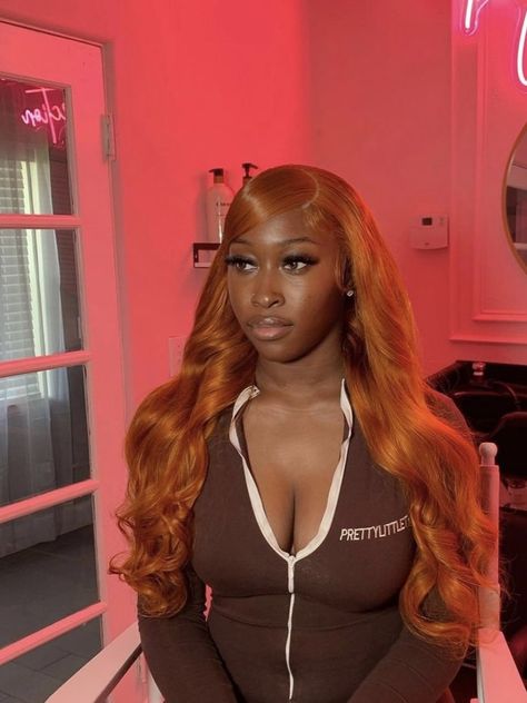 Orange Wig Install, Color Wigs On Dark Skin Women, Ginger Quick Weave, Ginger Frontal Wig, Dyed Natural Hair Dark Skin, Ginger Wig Install, Red Wig Install, Freaknik Hairstyles, Hairstyles For Wigs