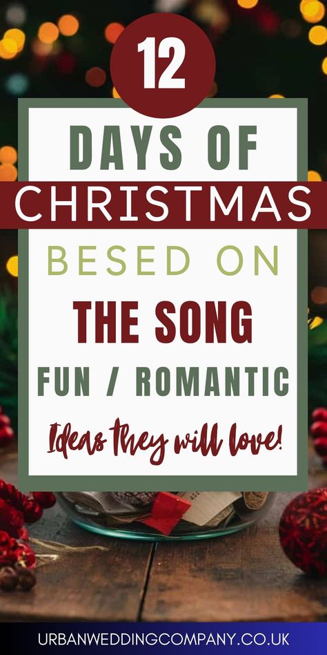 12 Days of Christmas Ideas for Husband based on the song. Gifts for him. Fun, romantic gifts and activities to celebrate the 12 days of Christmas. From fun activities to romantic gifts, we have you covered. 12 Days Of Gifts For Boyfriend, 12 Days Of Christmas Ideas For Boyfriend, 12 Days Of Gifts For Husband, 12 Days Of Christmas Husband Ideas, 12 Days Of Christmas Gift Ideas For Boyfriend, 12 Days Of Christmas For Boyfriend, Husband 12 Days Of Christmas Gift Ideas, 12 Days Of Christmas For Spouse, 12 Days Of Christmas Gifts For Husband