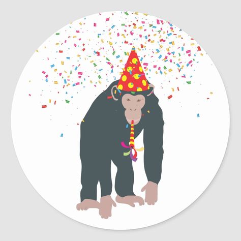 Monkey Chimpanzee Partying Animals Having a Party Monkey Chimpanzee, Party Illustration, Monkey Party, Party Horns, Animal Illustrations, A Monkey, Kids Room Art, Party Hat, Party Design