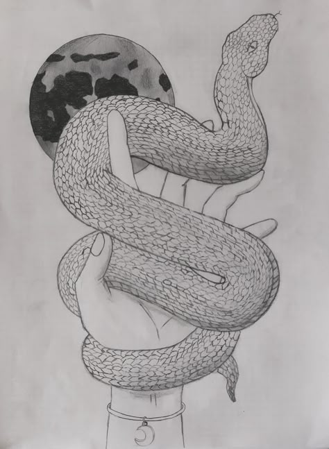 So much work for me, this was so difficoult. I copied a drawing found here on Pinterest. #snake #hand #drawing #handdrawing #snakedrawing #moon #moondrawing Snake And Hand Drawing, Hand With Snake Drawing, Snake In Hand Drawing, Snake On Hand Drawing, Snake Hand Drawing, Drawings Of Snakes, Drawing Of Snake, Snake On Hand, Snake Drawing Sketches