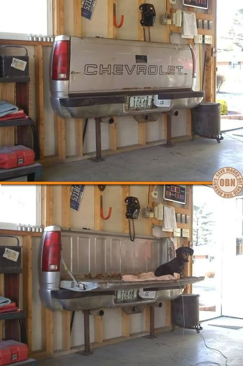 Need more seating in your garage? Then this Chevy fold up bench could be for you... Want more? Then head over to our “Furniture ideas” album on our site at http://theownerbuildernetwork.co/ideas-for-your-rooms/furniture-gallery/furniture-ideas/ We’re looking forward to reading your opinions. ขวดโหล Mason Jar, Tailgate Bench, Mother Board, Man Cave Garage, Old Car, Garage Workshop, Garage Organization, Garage Storage, Garage Decor