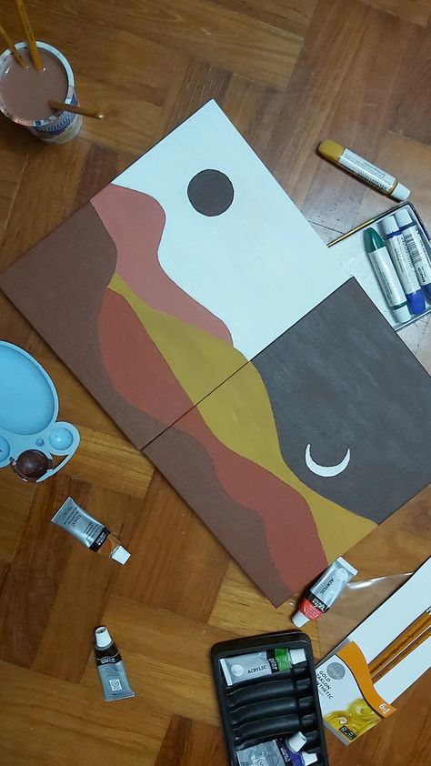 Easy Earthy Paintings, Picnic Painting Ideas, Moon And Sun Painting, Cute Easy Paintings, Sun Painting, Boho Painting, Brown Painting, Warm And Cool Colors, Simple Canvas Paintings