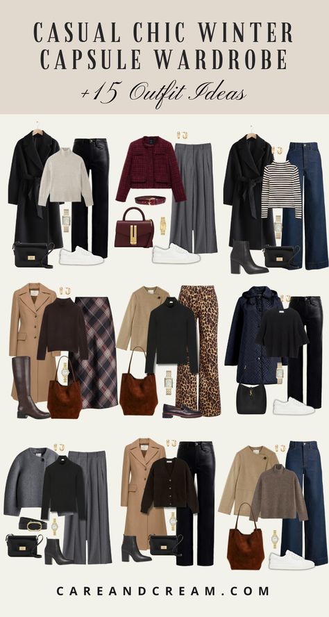 If you're looking to curate a casual chic winter capsule wardrobe, this blog post is a must-read. Discover winter wardrobe essentials and winter outfits for women that strike the perfect balance between classy, cozy, and cute. With 15+ winter outfit ideas, you'll have no trouble putting together stylish winter looks. From winter basics wardrobe staples to stylish cold weather outfits, you'll find everything you need to dress chic all winter! Cold Traveling Outfits, Winter Work Trip Outfits, Minimalist Packing Winter, Womens Winter Capsule Wardrobe, Winter Capsule Wardrobe 2024 Work, Perfect Wardrobe Essentials, January Capsule Wardrobe, Winter Capsule Wardrobe 2024 Travel, Paris Capsule Wardrobe Winter