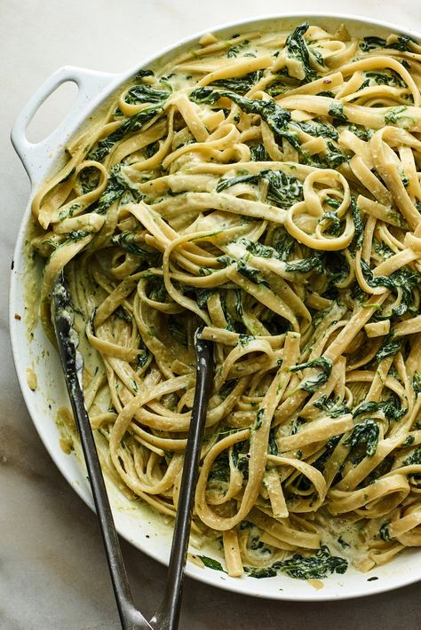 Creamed Spinach Pasta Recipe - NYT Cooking Spinach Tagliatelle Pasta Recipes, Spinach Carbonara Pasta, Egg Tagliatelle Pasta Recipe, Spinach Fettuccine Recipes, Creamer Spinach, Tagliatelle Pasta Recipes, Spinach Carbonara, Shallot Pasta, Creamy Spinach Pasta