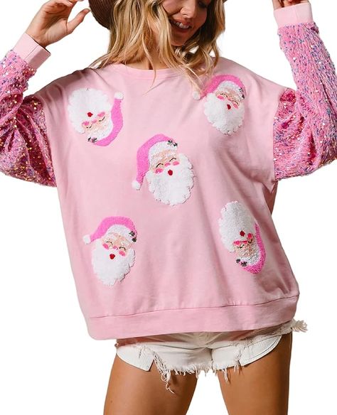 NUFIWI Women Christmas Sweatshirt Sequined Long Sleeve Glitter Santa Shirt Funny Merry Sweatshirts Xmas Holiday Pullover - thanksgiving outfit women Funny Christmas Sweatshirts, Pink Sweatshirts, Christmas Shirts For Women, Santa Sweater, Thanksgiving Outfit Women, Sequined Sweatshirt, Funny Santa Claus, Santa Sweatshirt, Outdoor Girls