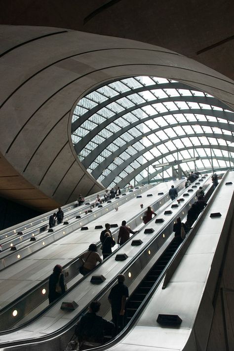 London Underground's sci-fi tube station, Canary Wharf designed by Sir Norman Foster. Photo by Tom Bland. $39.00 at 12" x 8" on Etsy. Open edition, signed. Tube Stations London, London Underground Tube, Underground Tube, London Docklands, Underground Station, London Tube, Philip Johnson, Foster Partners, England London