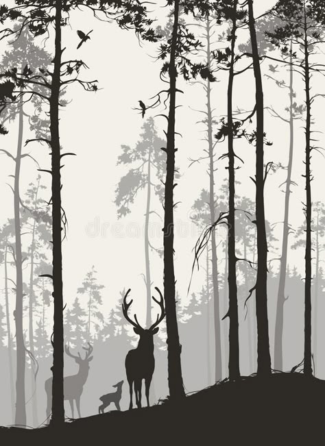 Hirsch Silhouette, Deer In The Woods, Deer Vector, Deer Wallpaper, Forest Silhouette, Deer Silhouette, Forest Illustration, Bird Silhouette, Nature Drawing