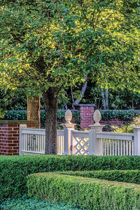 Estate Gates, Garden Gate Design, White Fence, Front Yard Fence, Fence Landscaping, Up House, Fence Ideas, Shade Trees, Fence Gate