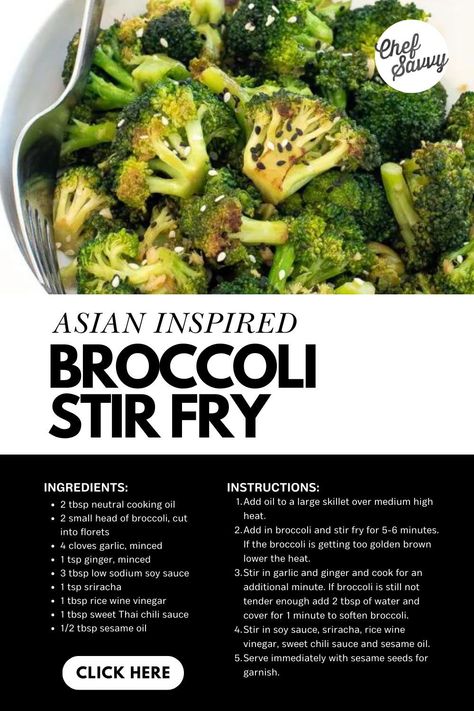 Save this Easy Broccoli Stir Fry Recipe! This Asian Inspired Broccoli Stir Fry is a quick and easy side dish that goes great with just about anything! The broccoli is stir fried with tons of garlic and ginger then seasoned with soy sauce, rice wine vinegar, sesame oil, Thai chili sauce and sriracha! Follow Chef Savvy for more Healthy Family Friendly Recipes! Easy Broccoli Stir Fry, Stir Fry Healthy, Asian Broccoli, Crispy Broccoli, Teriyaki Glazed Salmon, Soy Sauce Rice, Sesame Beef, Chef Savvy, Thai Chili Sauce