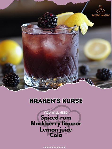 🌊 Dive deep into flavor with Kraken's Kurse! 🦑🍷 A mysterious, dark delight! 🌟 #DarkCocktails #MysticalDrinks Kraken's Kurse Ingredients: Spiced rum (1 1/2 oz) Blackberry liqueur (1/2 oz) Lemon juice (1/2 oz) Cola (to top) Ice Blackberries & lemon twist (for garnish) Instructions: Fill a shaker with ice. Add spiced rum, blackberry liqueur, and lemon juice. Shake well and strain into a glass filled with ice. Top with cola. Garnish with blackberries and a lemon twist. 🦑 This cocktail is deep... Pirate Themed Drinks Rum, Kraken Rum Cocktails, Extravagant Cocktails, Dark Rum Drinks, Autumn Beverages, Spiced Rum Drinks, Spiced Rum Cocktails, Halloween Brunch, Kraken Rum