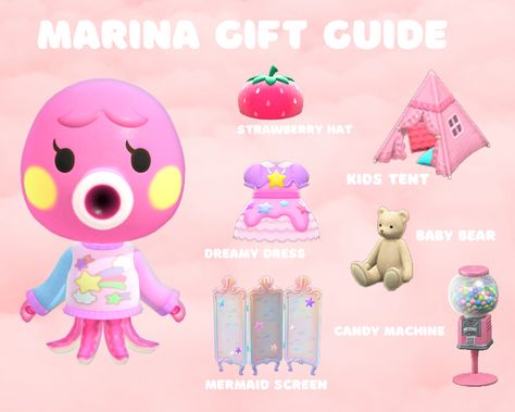 Acnh Octopus Villagers, Bluebear Acnh Gift Guide, Marina Yard Guide Acnh, Marina Acnh Yard, Animal Crossing Octopus, Acnh Marina Yard Guide, Animal Crossing Wishlist, Kawaii Animal Crossing Island Ideas, Kidcore Animal Crossing Ideas