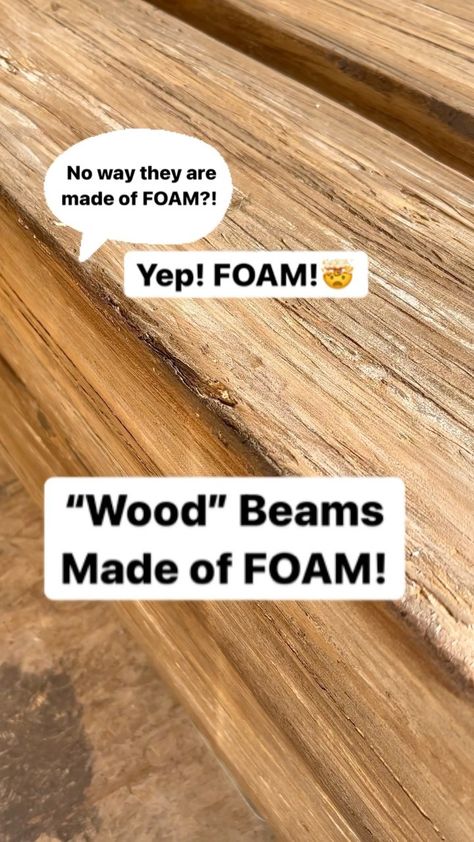 Faux Wood Beam Kitchen, Easy Faux Wood Beams, Faux Beam Living Room, Basement Faux Beams, Faux Wood Beams Basement Ceiling, Ceiling Beam Makeover, Fake Wood Beams Ceilings, Diy Foam Wall Panels, Styrofoam Faux Wood Beams