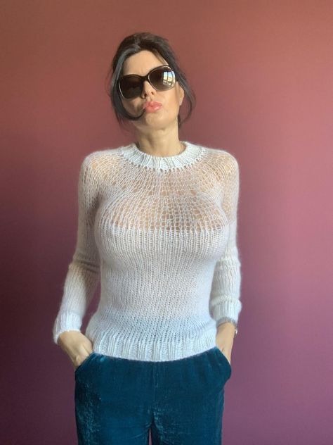 sweaters, knit, crochet Womens Pullover Sweaters, Mohair Scarf, Seductive Clothes, Pullover Sweater Women, Softest Sweater, Handmade Knitting, White Sweaters, Women Pullover, Knitted Pullover