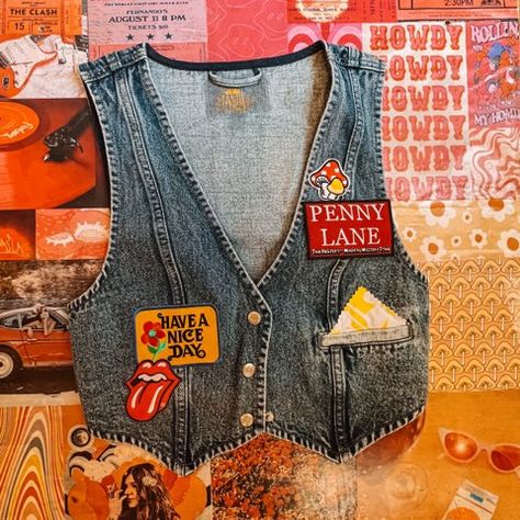 Available in a dark blue wash, this patched retro vest gets finished off with a button-down front closure, gingham stitched pockets, and a cropped length. -Cotton -Patches will vary and pocket color too! -Penny Lane patch will appear in all of them. Jean Vest With Patches, Patch Vest, Retro Vest, Button Vest, Summer 2025, Vest And Tie, Jean Vest, Penny Lane, Sew On Patches