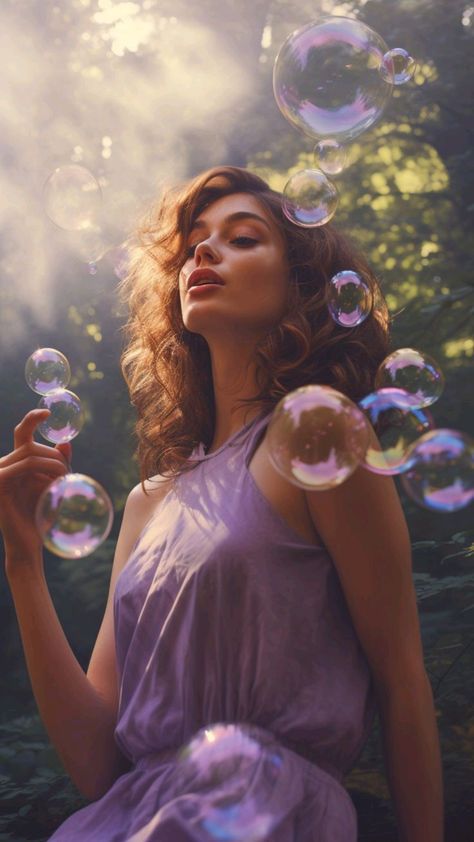 Bubble Self Portrait, Blowing Bubbles Photography, Photoshoot With Bubbles, Bubble Photoshoot Ideas, Violet Photoshoot, Bubble Portrait, Ethereal Beauty Woman, Woman Blowing Bubbles, Bubbles Photoshoot