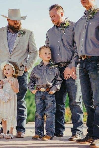 Wedding rustic barn cowboy dressed outfits groomsmen flower girl ring groom Texan Wedding, Country Wedding Groomsmen, Country Wedding Attire, Country Wedding Pictures, Smith Wedding, Devon Wedding, Marry Your Best Friend, Cowboy Wedding, Country Wedding Decorations