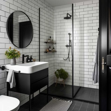 7+ Ways to Style a Modern Small Black and White Bathroom • 333+ Art Images Small Black And White Bathroom, Black And White Bathroom, Bathroom Design Black, Monochrome Interior, Compact Bathroom, Glass Shower Enclosures, Lifestyle Ideas, Black Tiles, Streamline Design