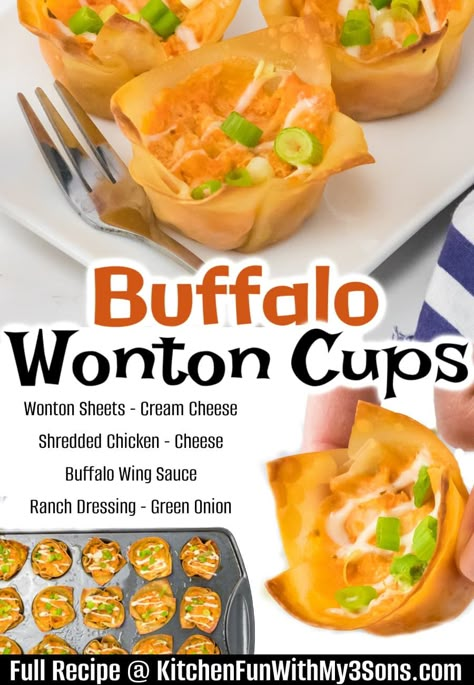 These Buffalo Chicken Wontons are shredded chicken combined with cream cheese, shredded cheese, buffalo wing sauce and ranch dressing inside a crispy shell. This quick and easy appetizer recipe is always a huge hit! Buffalo Chicken Wontons, Chicken Wing Dip, Wonton Wrapper Recipes, Football Foods, Chicken Wontons, Buffalo Chicken Recipes, Wonton Cups, Buffalo Wing, Fantastic Recipes