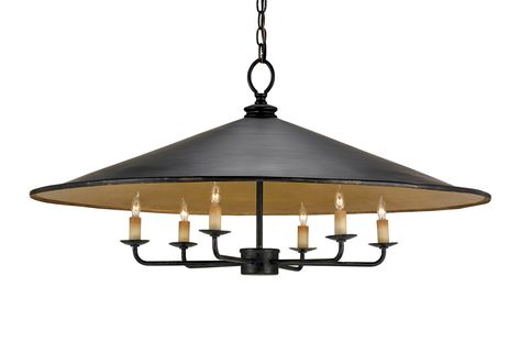 A handsome sprawling shade tops the Brussels Pendant, a piece alive with original details. A smooth French Black finish enhances this sophisticated six light fixture, while a glimmering Contemporary Gold Leaf interior adds contrast and warmth. PRODUCT NAME: Brussels Pendant DIMENSIONS: 17h x 36d x 36w NUMBER OF LIGHTS: Metal Chandelier, Traditional Chandelier, Incandescent Lamp, Candle Styling, Black Chandelier, Burke Decor, Brussels, Wrought Iron, Modern Lighting