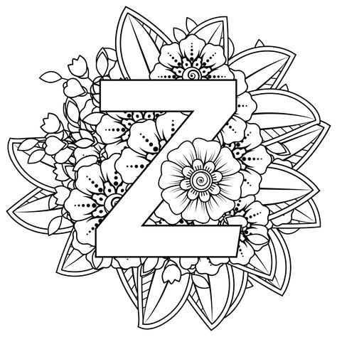 Download the Letter Z with Mehndi flower. decorative ornament in ethnic oriental style. coloring book page. 5239525 royalty-free Vector from Vecteezy for your project and explore over a million other vectors, icons and clipart graphics! Name With Flowers Drawing, Mehndi Flower, Coloring Letters, Laser Engraving Ideas, Engraving Ideas, Name Letters, Letter Z, Tattoo Flash, Coloring Book Pages