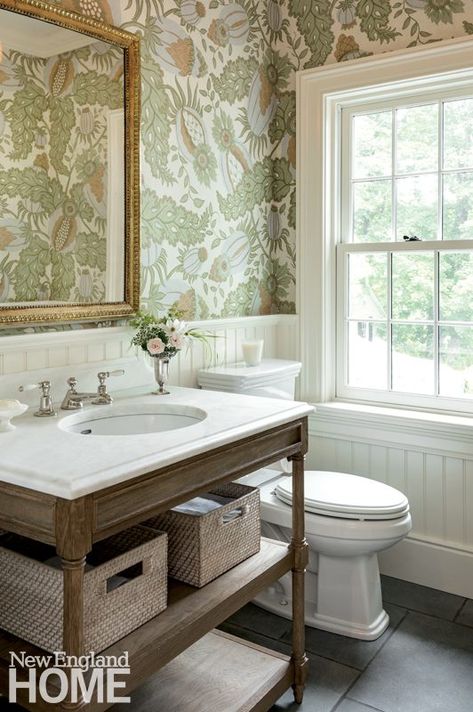 An Antique House Gets a Fresh Start - New England Home Magazine New England Bathroom, Small Half Bathrooms, Farmhouse Powder Room, Traditional Powder Room, Small Half Bathroom, Powder Room Wallpaper, Powder Room Decor, Antique House, Wallpaper Ceiling