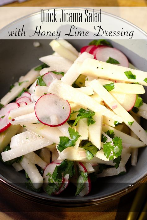 This jicama salad with apples is light, crisp, tart, and refreshing. It's quick and easy to make, perfect for a light lunch or summer cookout. #jicama #apples #salad #cookout #BBQ #slaw #light | alittleandalot.com Bbq Slaw, Apples Salad, Easy Cheese Enchiladas, Jicama Recipe, Jicama Salad, Apples And Honey, Jicama Slaw, Salad With Apples, Honey Lime Dressing