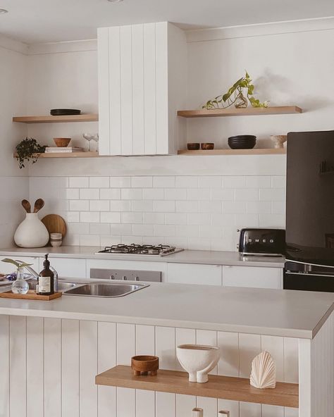 Kitchen makeover with VJ panelling and paint Panelling Kitchen Island, Vj Panelling Kitchen, Panelling Kitchen, Kitchen Island Panels, Vj Panelling, Timber Floating Shelves, Diy Kitchen Makeover, Kitchen Exhaust, Kitchen Diy Makeover