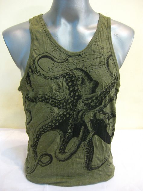 Grunge Tank Top Men, Summer Tops Men, Green Mens Outfits, Mens Fashion Green, Men In Tank Tops, Odd Clothes, Tank Top Outfits Men, Cool Tank Tops, Octopus Tank