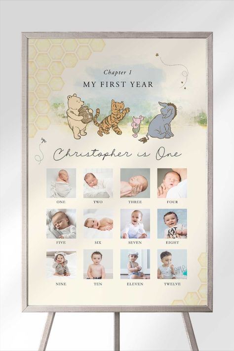 Capture your little one's first year with a Winnie the Pooh photo milestone chart! 🐻🎉 Perfect for a first birthday celebration, this adorable chart showcases photos from each month alongside classic Pooh designs. A sweet way to celebrate your child's precious milestones!  #winniethepoohbirthday #winniethepoohmilestonechart #ourlittlehunnyisone Classic Winnie The Pooh Birthday, Milestone Chart, Pooh Birthday, Classic Pooh, Winnie The Pooh Birthday, Classic Winnie The Pooh, Birthday Milestone, Chart Template, Birthday Board