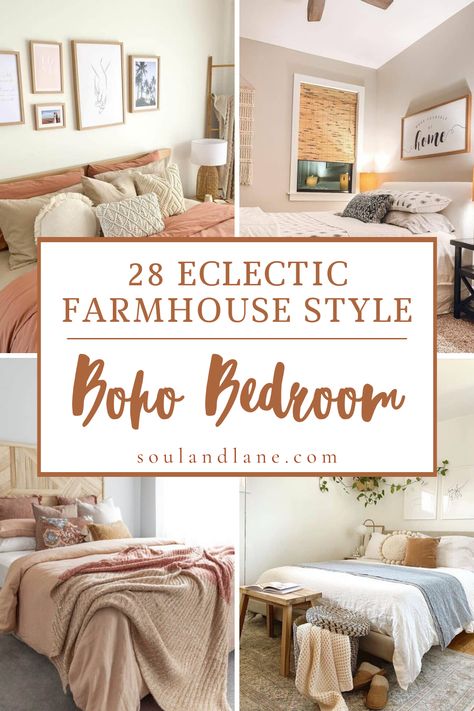 Start with a neutral, earth-toned palette accented with vibrant pops of color through textiles and art. Choose a vintage wooden bed frame, and layer it with an eclectic mix of patterned quilts and macramé throws. Incorporate natural elements like a reclaimed wood nightstand or a rattan headboard to add texture. Hang flowing, sheer curtains to soften the light and add a dreamy quality to the room. Decorate with a mix of thrifted treasures, such as antique lamps and woven wall hangings, to infuse Master Bedrooms Boho Farmhouse, Bedding Earth Tones, Boho Bedroom Color Palettes, Boho Master Room Bedroom Ideas, Light Pink Comforter, Neutral Boho Bedroom, Boho Farmhouse Bedroom, Light Wood Bed, Vintage Bedroom Styles