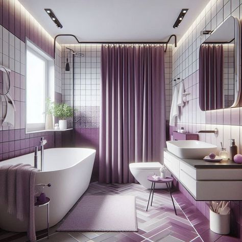 Purple Bathroom Dark Purple Bathroom, Purple Bathroom Ideas, Purple Room Design, Purple Accent Wall, Lavender Bathroom, Purple Bathroom, Toilet Tiles, Purple Tile, Purple Room