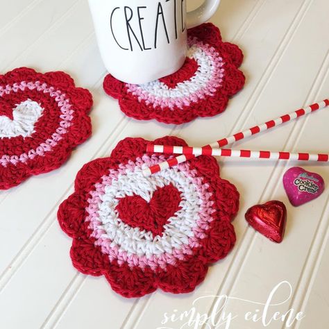 Crochet Valentine Coasters Free Pattern, Easter Coasters Crochet, Heart Coaster Crochet Pattern Free, Crochet Valentines Patterns, Crochet Hearts Free Pattern Valentines, Valentines Crochet Gifts, Valentine’s Crochet, Crochet Mug Coaster, Crochet Heart Coasters Free Pattern