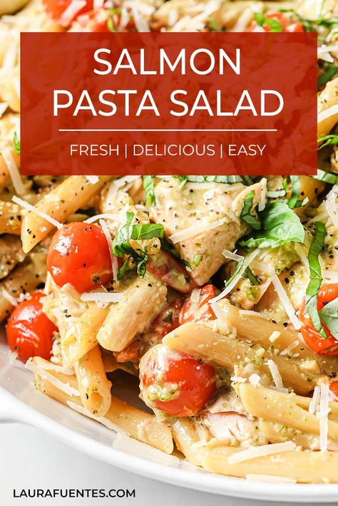 This summer salmon pasta salad with pesto is perfect if you want something unique and healthy to eat. So good, you'll make it on repeat! Salmon Pasta Salad Cold, Salmon Caesar Pasta Salad, Pasta For Salmon, Pasta Salad With Salmon, Smoked Salmon Pasta Salad, Salmon Pasta Salad Recipes, Summer Salmon Recipe, Pasta Salad With Pesto, Salmon Pasta Salad