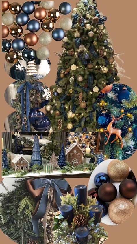 Navy Gold Brown Christmas Tree, Brown And Blue Christmas Decor, Blue And Bronze Christmas Tree, Blue And Brown Christmas Decor, Blackwatch Plaid Christmas, Blue And Green Plaid Christmas, Blue And Brown Christmas, Christmas Tree Idea, Navy Blue And Brown