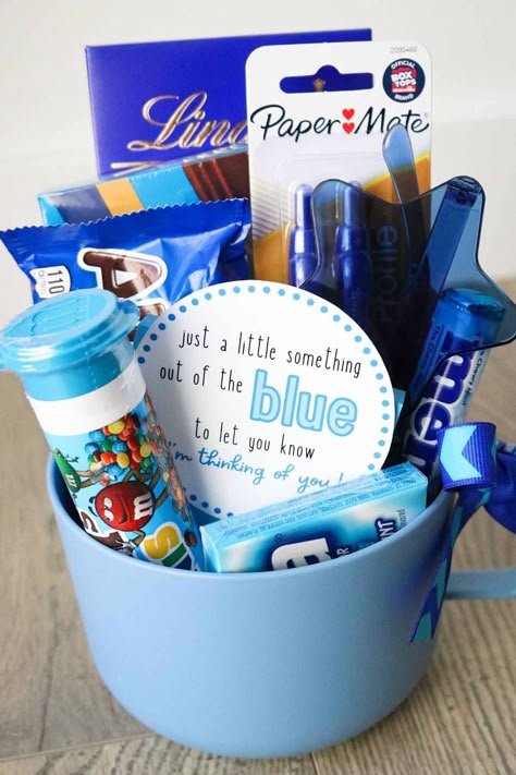 These blue gift basket ideas make the perfect diy gift for a friend, spouse, or neighbor. Free printable gift tags for an Out of the Blue gift or a Blue-tiful birthday gift! Tons of blue themed gift ideas! Favorite Color Basket Gift Ideas, Pride Basket Ideas, Blue Gift Bag Ideas, Gift Box Themes, Something Blue Gift Basket, Blue And White Gift Basket, Blue Themed Birthday Gift, Blue Teacher Appreciation Gifts, Blue Aesthetic Gift Basket